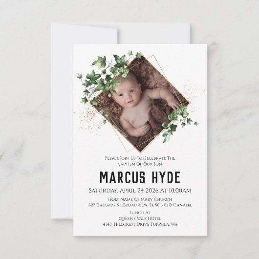 Geometric Ivy Greens Baptism Photo Invitation Aankondiging (Voorkant)