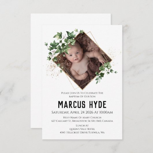 Geometric Ivy Greens Baptism Photo Invitation Aankondiging (Voorkant / Achterkant)