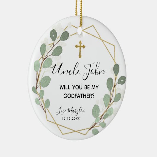 Geometric Leaf Greenery Will you be Godmoeder Keramisch Ornament (Rechts)