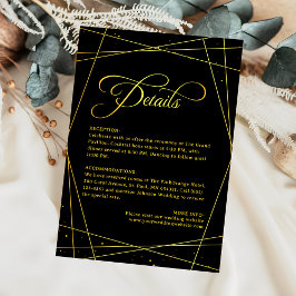 Geometric Luxury Black & Gold Wedding Details Informatiekaartje