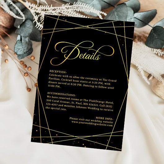 Geometric Luxury Black & Gold Wedding Details Informatiekaartje