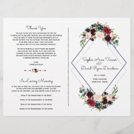 Geometric Merlot Navy Blue Floral Wedding Programm