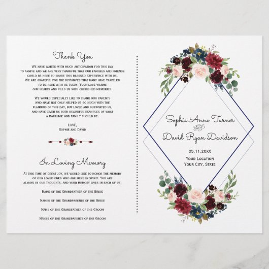 Geometric Merlot Navy Blue Floral Wedding Programm (Voorkant)