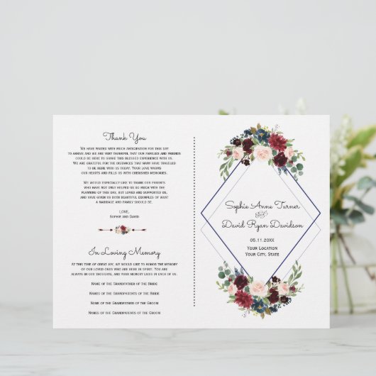 Geometric Merlot Navy Blue Floral Wedding Programm (Staand voorkant)