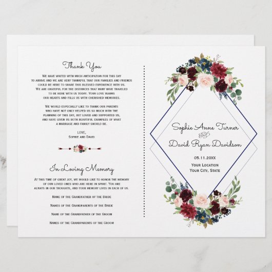 Geometric Merlot Navy Blue Floral Wedding Programm (Voorkant / Achterkant)