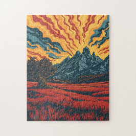 Geometric Mountain Peaks and Red Field Graphic Art Legpuzzel