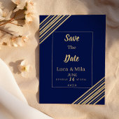 Geometric navy blue gold typography Save the Date Kaart