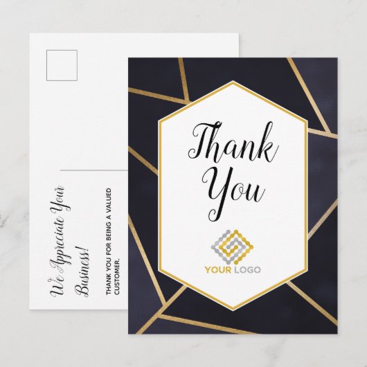 Geometric Navyblauw Gouden Bedankt Logo Zakelijk Briefkaart (Voorkant / Achterkant)