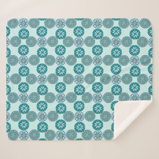 Geometric Ornate Floral Pattern Blue and Teal Sherpa Deken (Voorkant (horizontaal))
