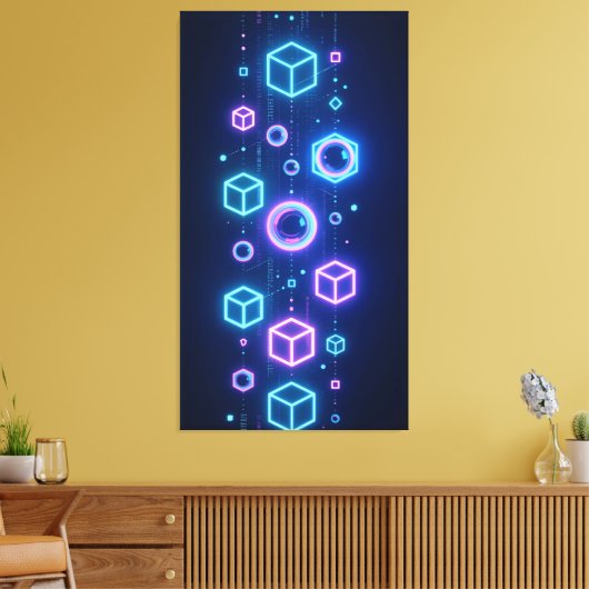 Geometric particles shimmered with neon light canvas afdruk (Insitu (Woonkamer))