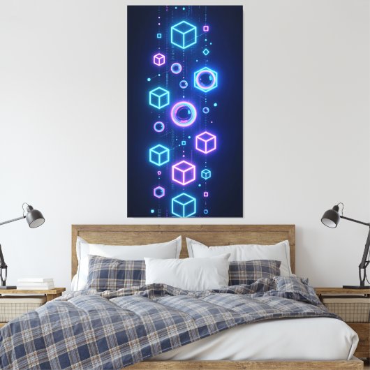 Geometric particles shimmered with neon light canvas afdruk (Insitu (Slaapkamer))