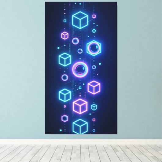 Geometric particles shimmered with neon light canvas afdruk (Insitu (Houten vloer))