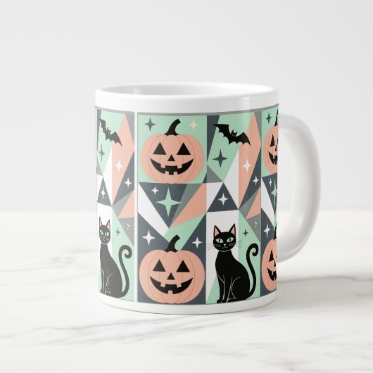 Geometric Pastel Halloween Pumpkin Black Cat Art Grote Koffiekop (Voorkant rechts)