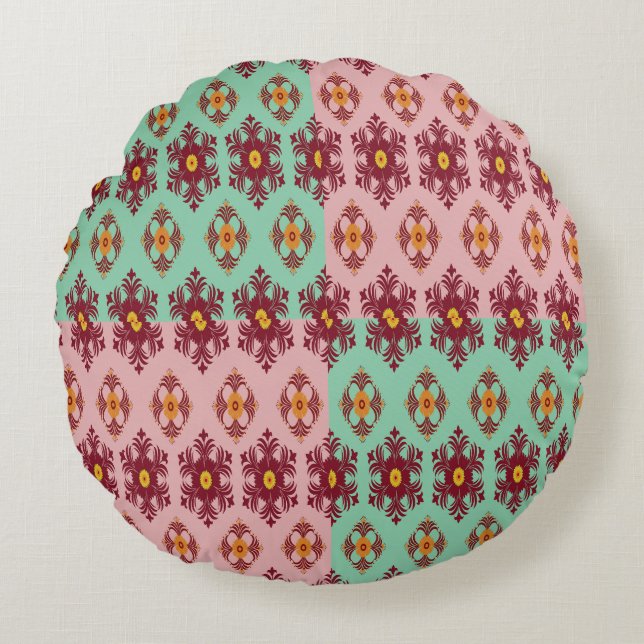 Geometric Patchwork Throw Pillow – Modern Purple C Rond Kussen (Voorkant)