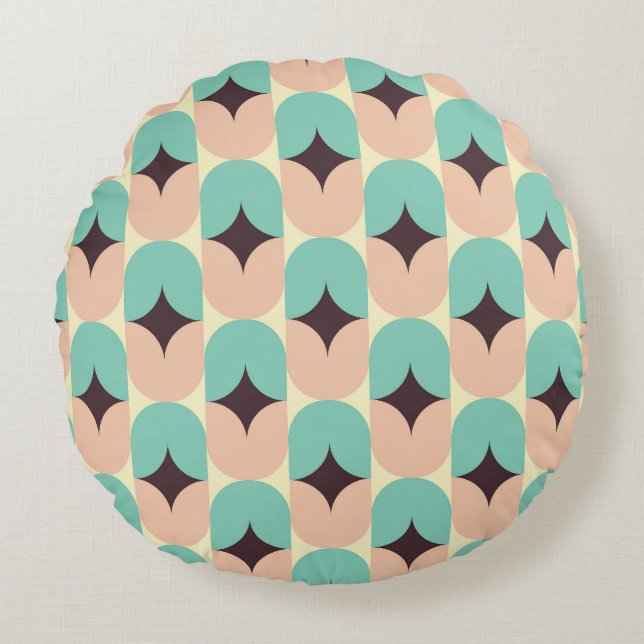 Geometric pattern of teal, beige, and black shapes rond kussen (Voorkant)