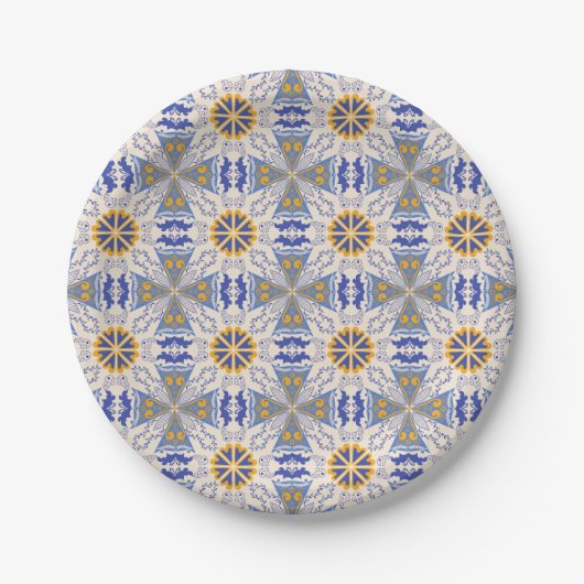 geometric pattern with blue, yellow, and white  papieren bordje (Voorkant)