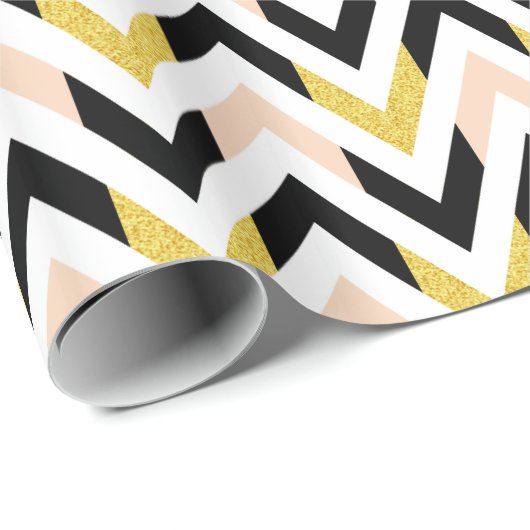 Geometric Peachy Pink, Gold, Black & White Chevron Cadeaupapier (Rol Hoek)