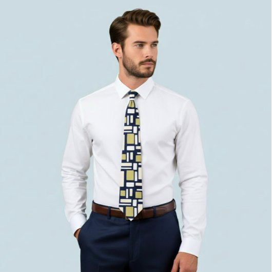 Geometric Rectangle Pattern Tie in Ivory and Gold  Stropdas