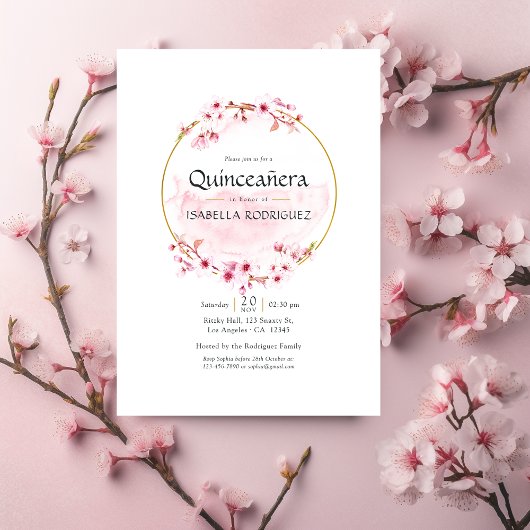 Geometric roze Spring Cherry Blossom Quinceañera Kaart