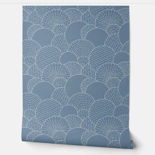 Geometric Scallops Line Art, Smokey Blue Behang (Afrollen)