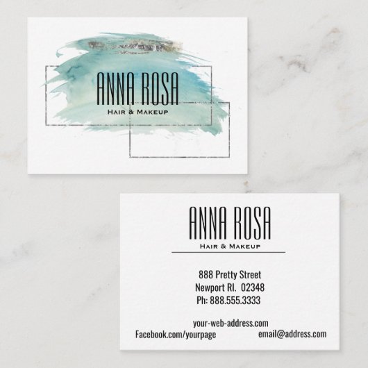 *~* Geometric Silver Girly Turquoise Waterverf Visitekaartje (Voorkant / Achterkant)