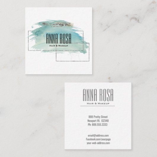 *~* Geometric Silver Turquoise Waterverf Girly Vierkante Visitekaartje (Voorkant / Achterkant)