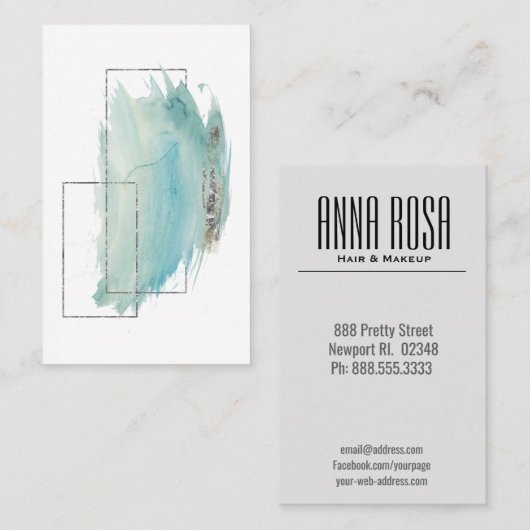 *~* Geometric Silver & Turquoise Waterverf Girly Visitekaartje (Voorkant / Achterkant)
