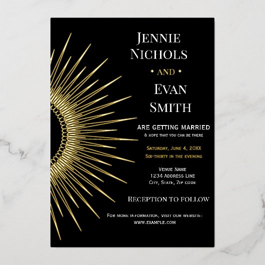 Geometric Sun Modern | Donkere achtergrond bruilof Folie Uitnodiging (Voorkant)