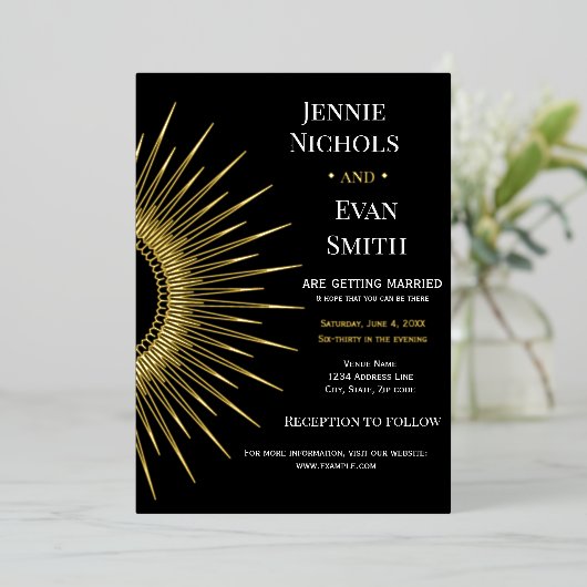 Geometric Sun Modern | Donkere achtergrond bruilof Folie Uitnodiging (Staand Voorkant)