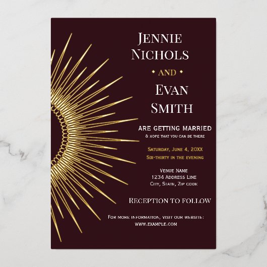 Geometric Sun Modern | Plum Background Wedding Folie Uitnodiging (Voorkant)