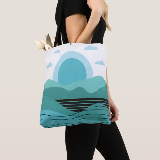 Geometric Sun Mountain Abstract with Tribal Border Tote Bag (Dichtbij)