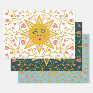 Geometric Suns Vines FLowers Pink Blue Green Inpakpapier Vel