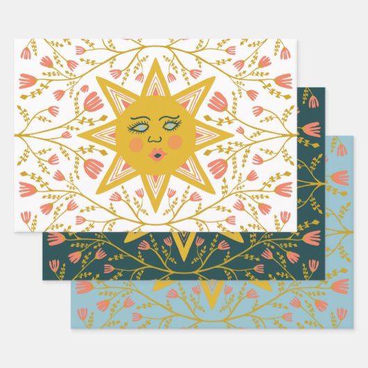 Geometric Suns Vines FLowers Pink Blue Green Inpakpapier Vel (Set)
