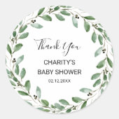 Geometric Tropical Greenery Baby shower Dank u Ronde Sticker (Voorkant)