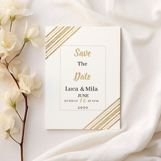 Geometric white and gold typography Save the Date Kaart