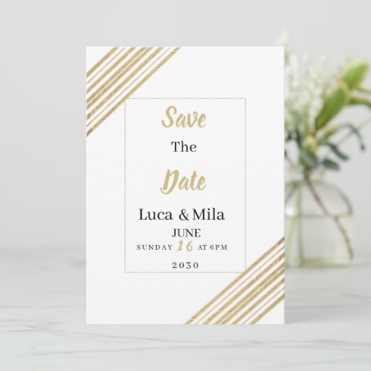 Geometric white and gold typography Save the Date Kaart (Staand voorkant)