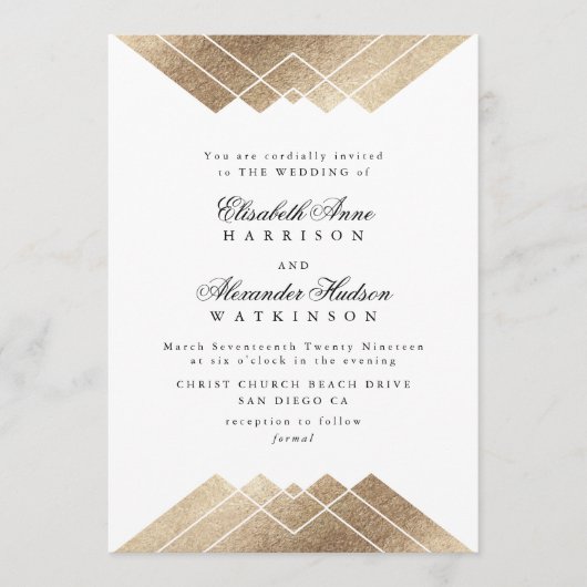 Geometric White Gold Gatsby Calligraphy Wedding Kaart (Voorkant)