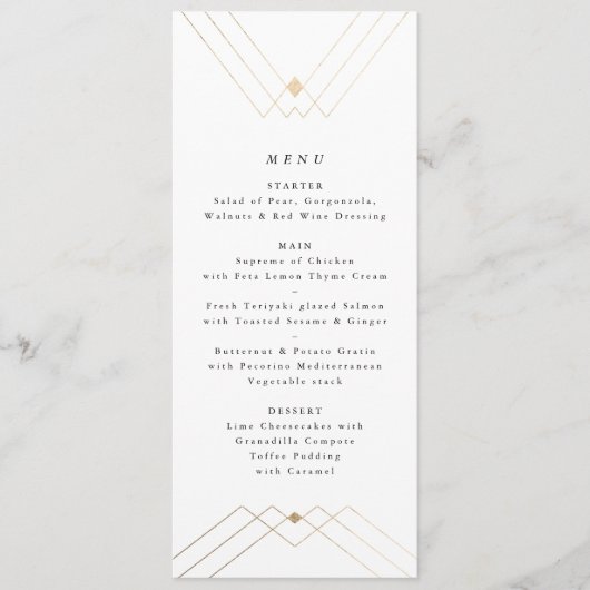 Geometric White Gold Gatsby Tall 2 Wedding Menu (Voorkant)