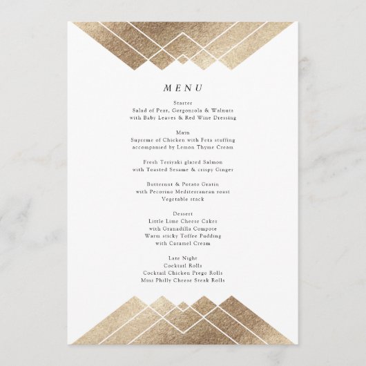 Geometric White Gold Gatsby Tall Wedding Menu (Voorkant)