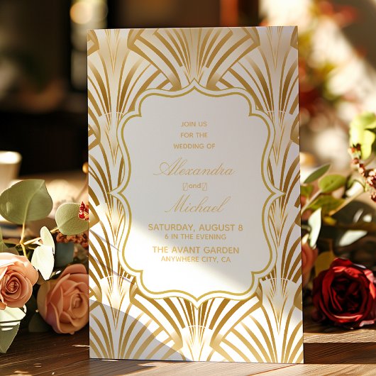 Geometric White Gold Gatsby Wedding Kaart