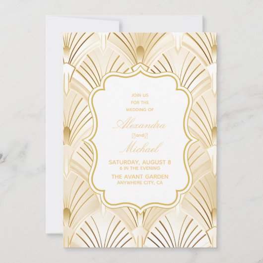 Geometric White Gold Gatsby Wedding Kaart (Voorkant)