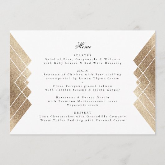 Geometric White Gold Gatsby Wedding Menu (Voorkant)