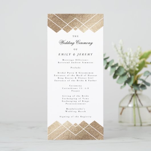 Geometric White Gold Gatsby Wedding Programme Programmakaart (Staand voorkant)