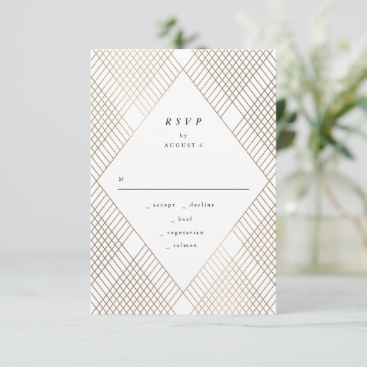 Geometric White Gold Gatsby Wedding RSVP Kaartje (Staand voorkant)