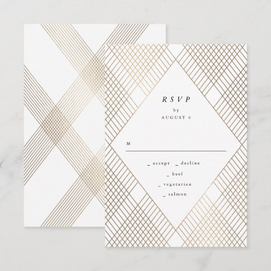 Geometric White Gold Gatsby Wedding RSVP Kaartje (Voorkant / Achterkant)