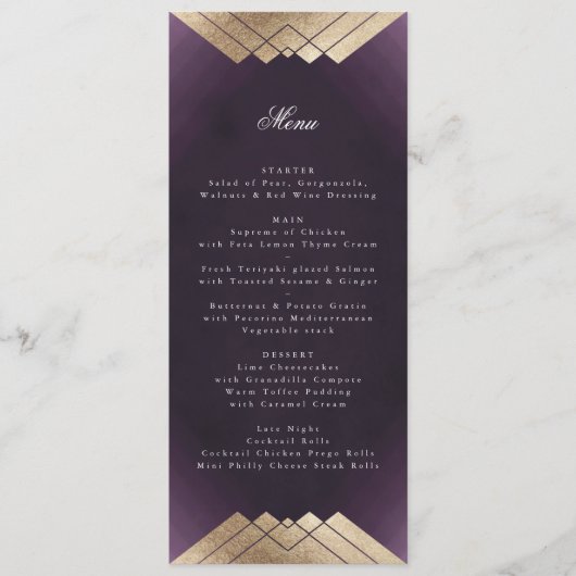 Geometric White Paars Gold Gatsby Wedding Menu (Voorkant)