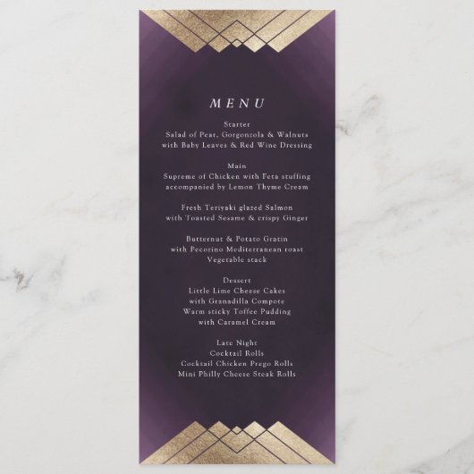 Geometric White Paars Gold Gatsby Wedding Menu (Voorkant)