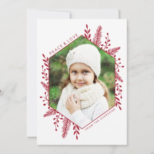 Geometric Winter Foliage met kerstfoto Red Feestdagenkaart (Voorkant)