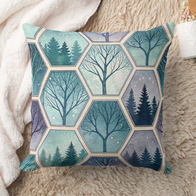 Geometric Winter Forest – Trees in Hexagon Kussen (Deken)