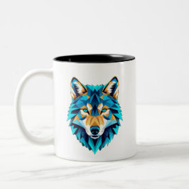 Geometric Wolf Head – Neon Blue Low Poly Animal Ar Tweekleurige Koffiemok